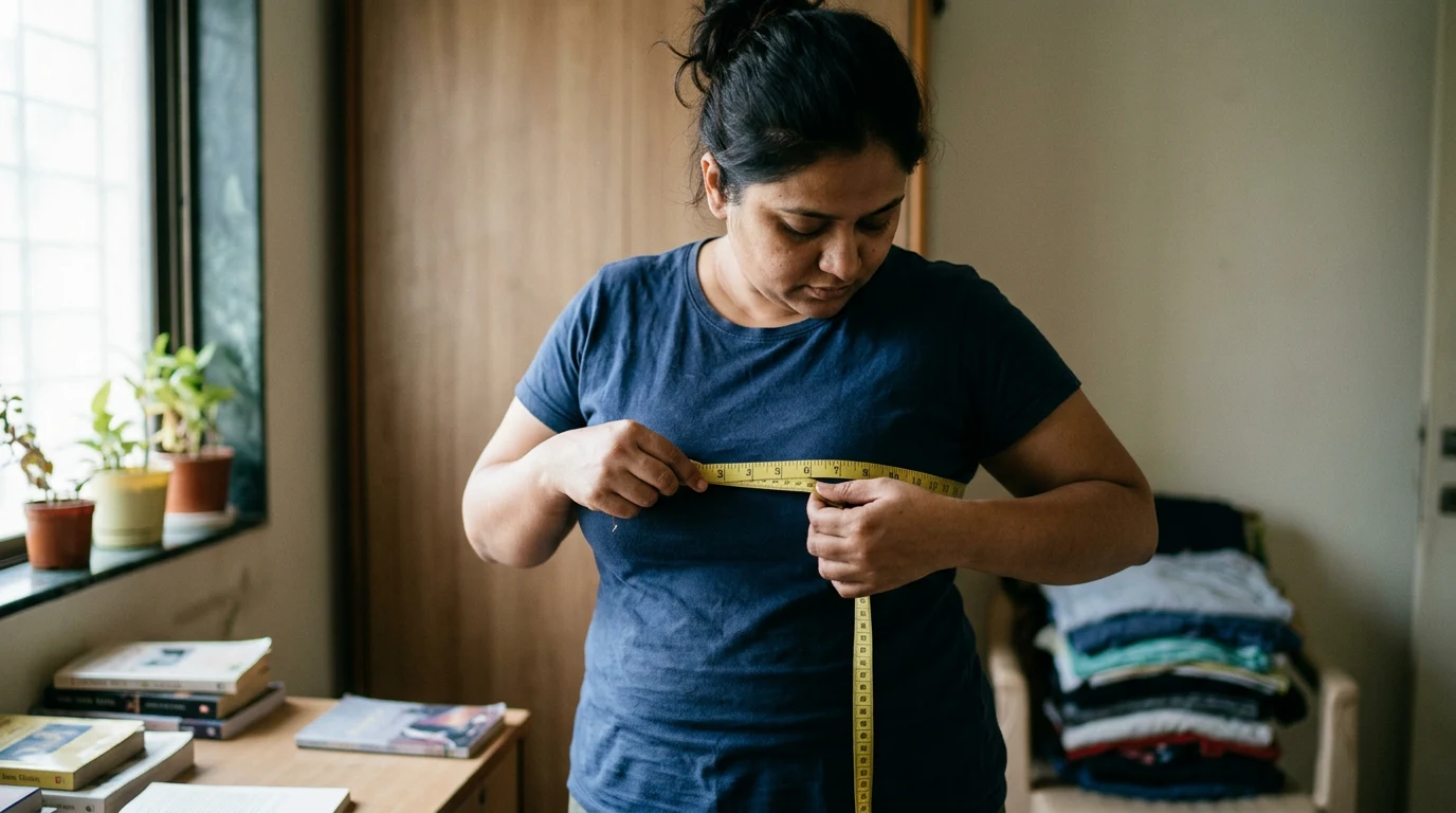A plus-size woman measuring her bust with a tailor’s tape held level over a t-shirt