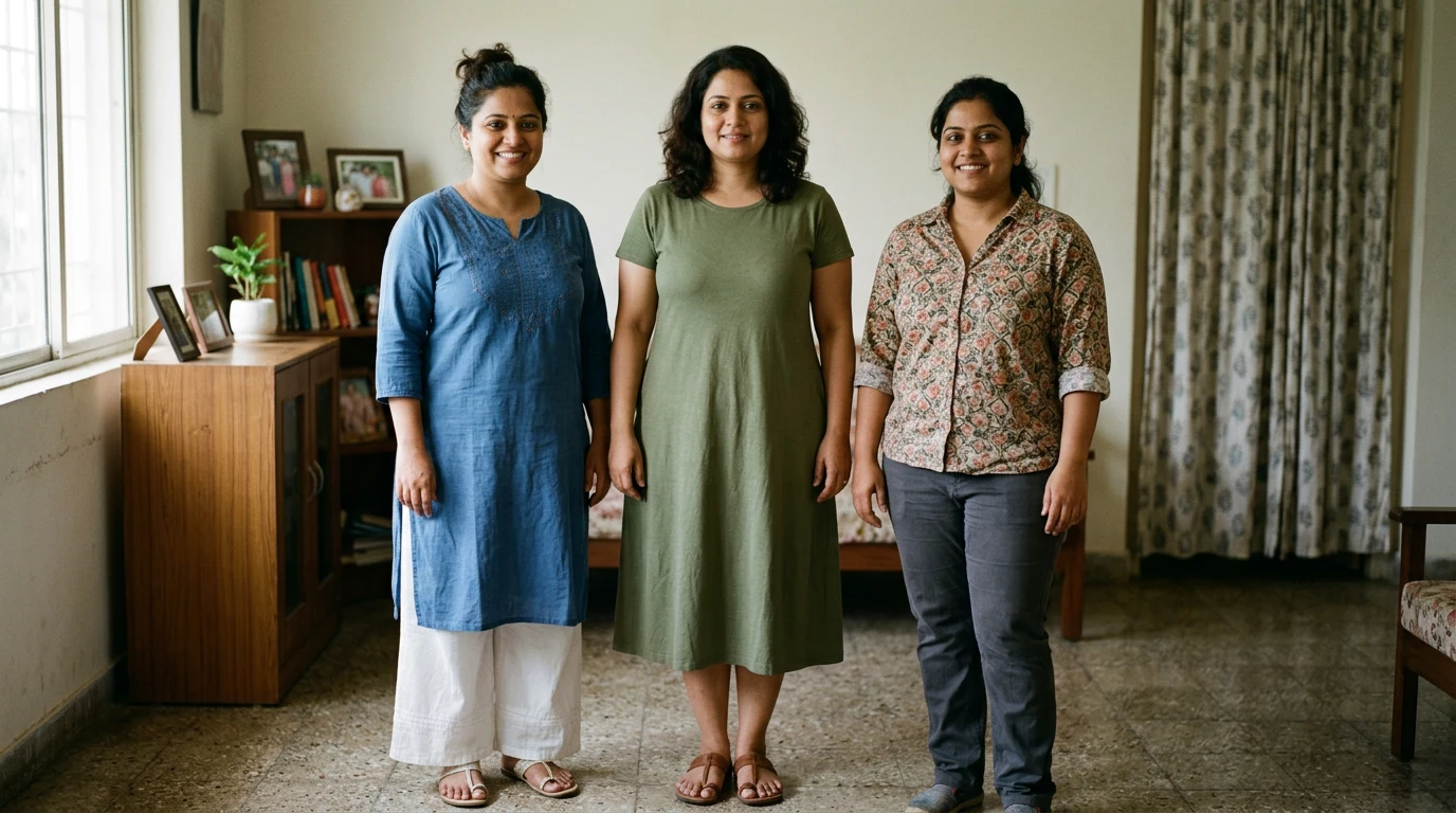Three plus-size Indian women standing together in everyday clothes that fit them