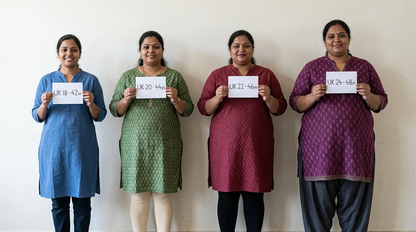 Four plus-size Indian women in increasing size order, each holding a card showing her UK size and bust measurement, from UK 18 at 42 inches to UK 24 at 48 inches