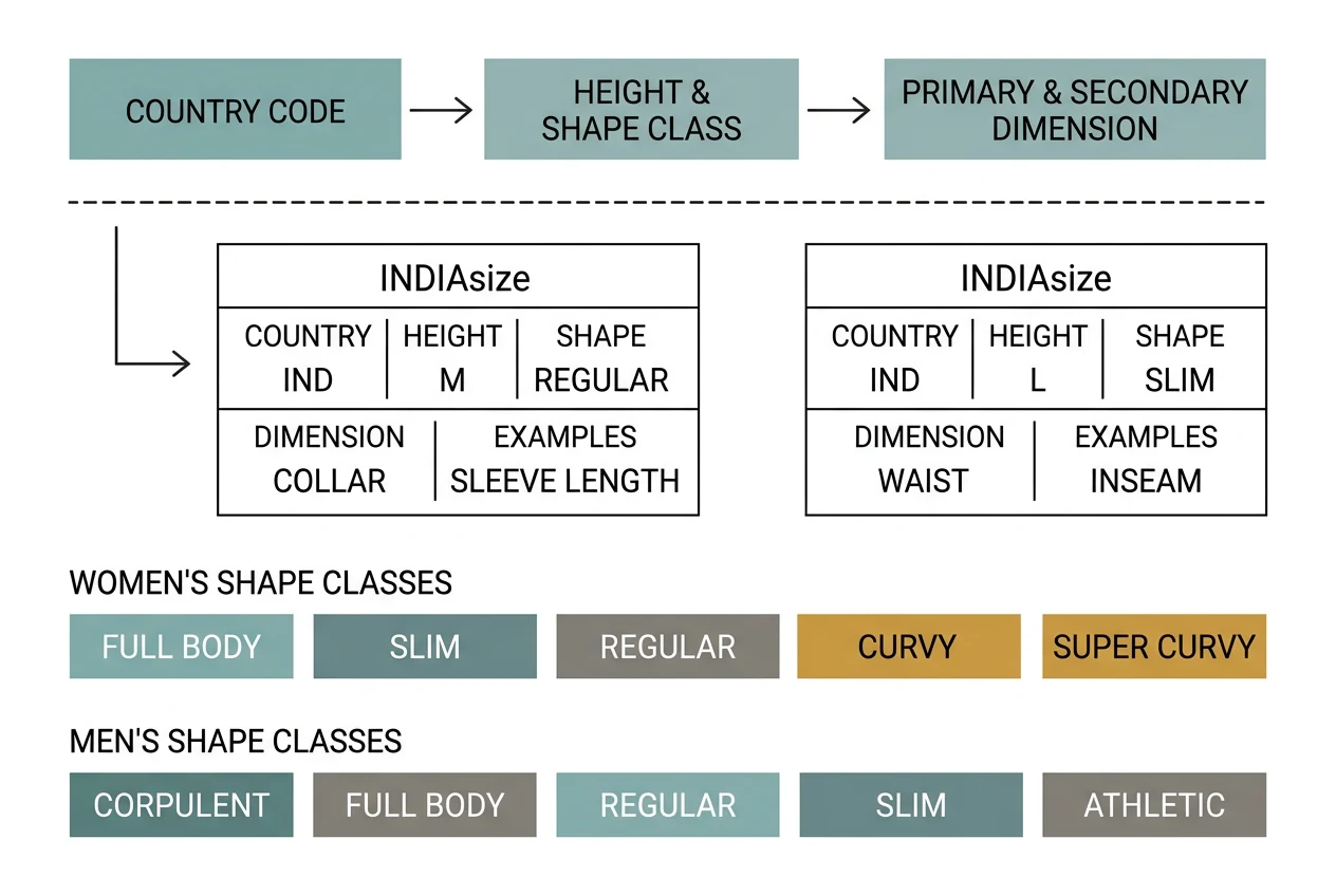 Diagram of the proposed INDIAsize label structure: country code, height and shape class, then primary and secondary dimensions, with the five named women's shapes and men's shapes shown as labelled tags.