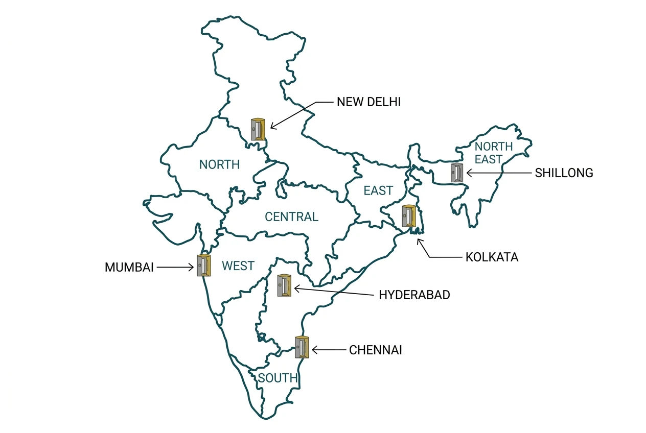 Map of India marking six survey cities: New Delhi, Mumbai, Chennai, Hyderabad, Kolkata and Shillong, each representing one of the six regions scanned for the INDIAsize survey.