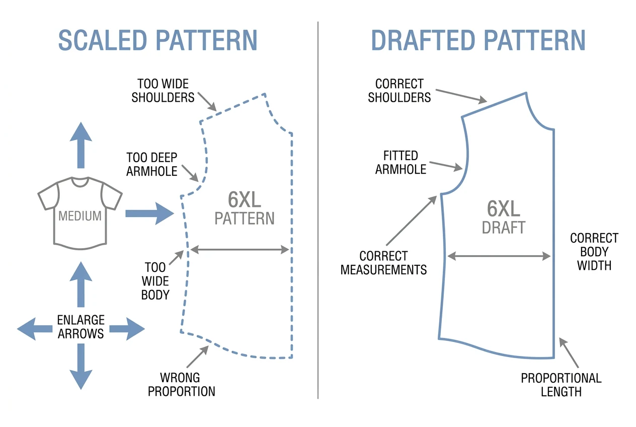 Side-by-side diagram contrasting a shirt pattern that was just scaled up from a medium size against one drafted correctly for a 6XL body