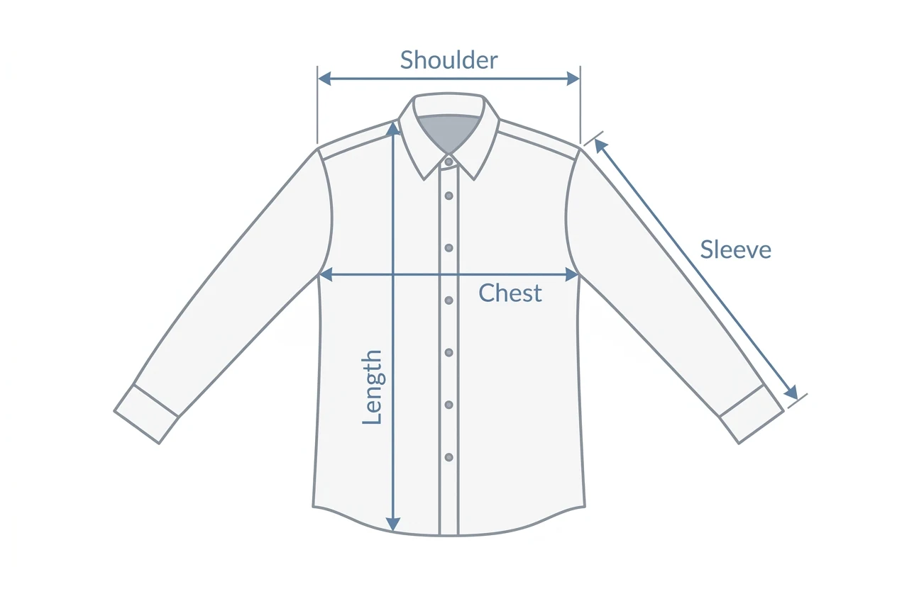 Diagram of a shirt laid flat showing where to measure chest, length, shoulder, and sleeve