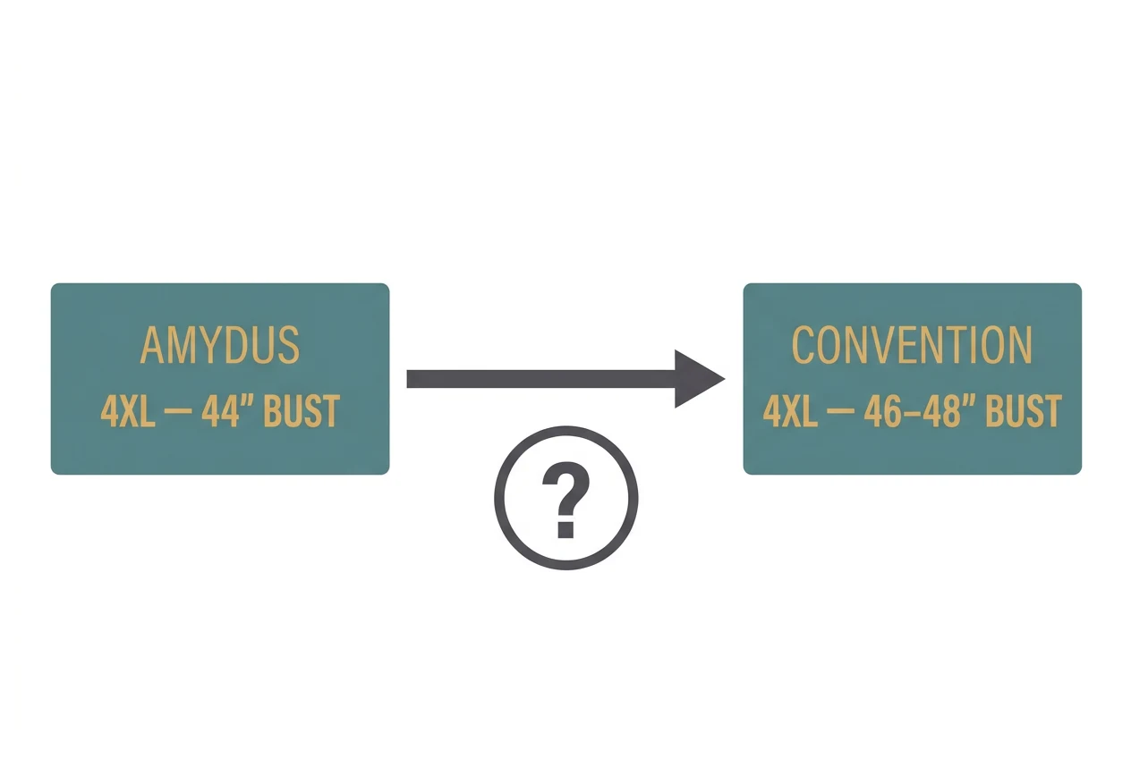 Diagram comparing an Amydus 4XL tag (44 inch bust) against the general convention 4XL tag (46 to 48 inch bust), showing the same size label pointing at two different measurements
