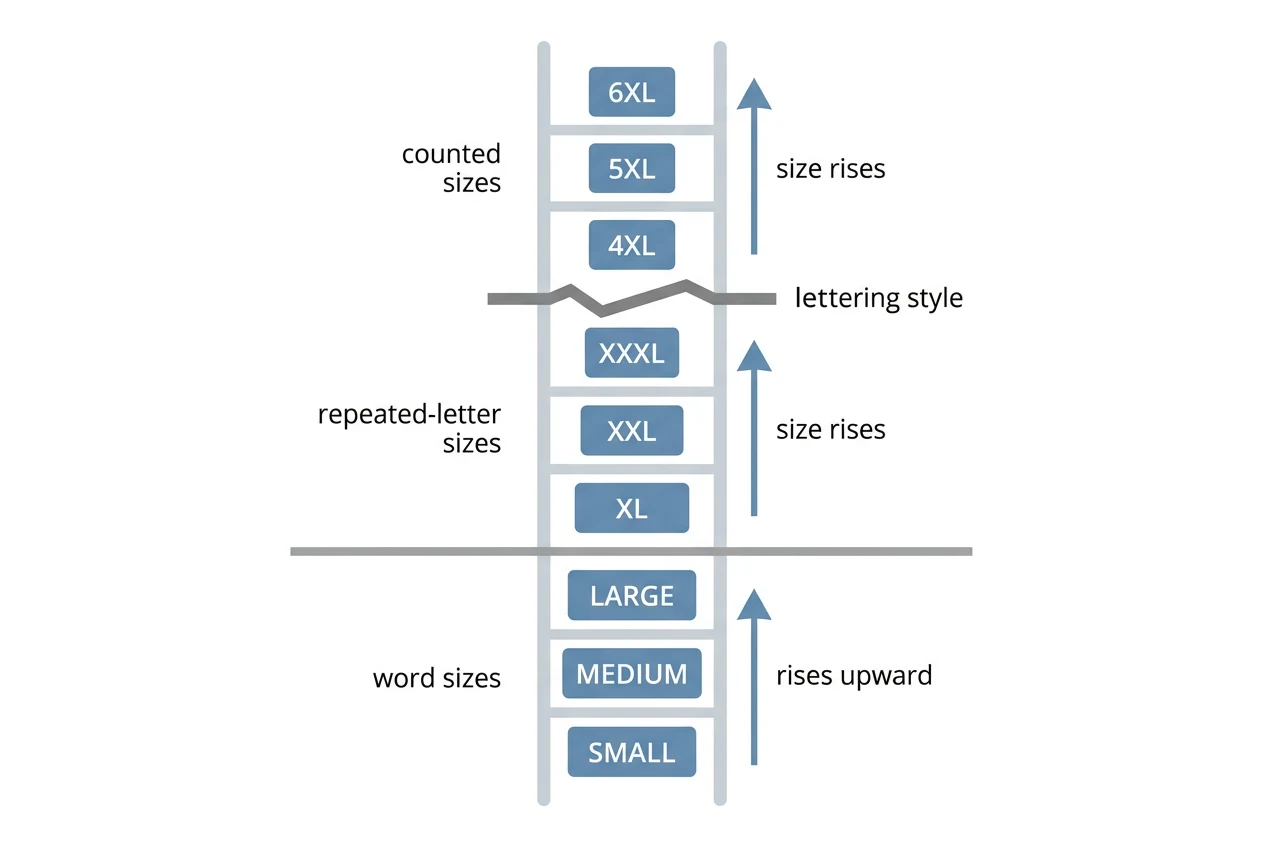 Ladder diagram of clothing size names in three tiers: word sizes like Large at the bottom, XL/XXL/XXXL in the middle, and counted 4XL/5XL/6XL at the top.