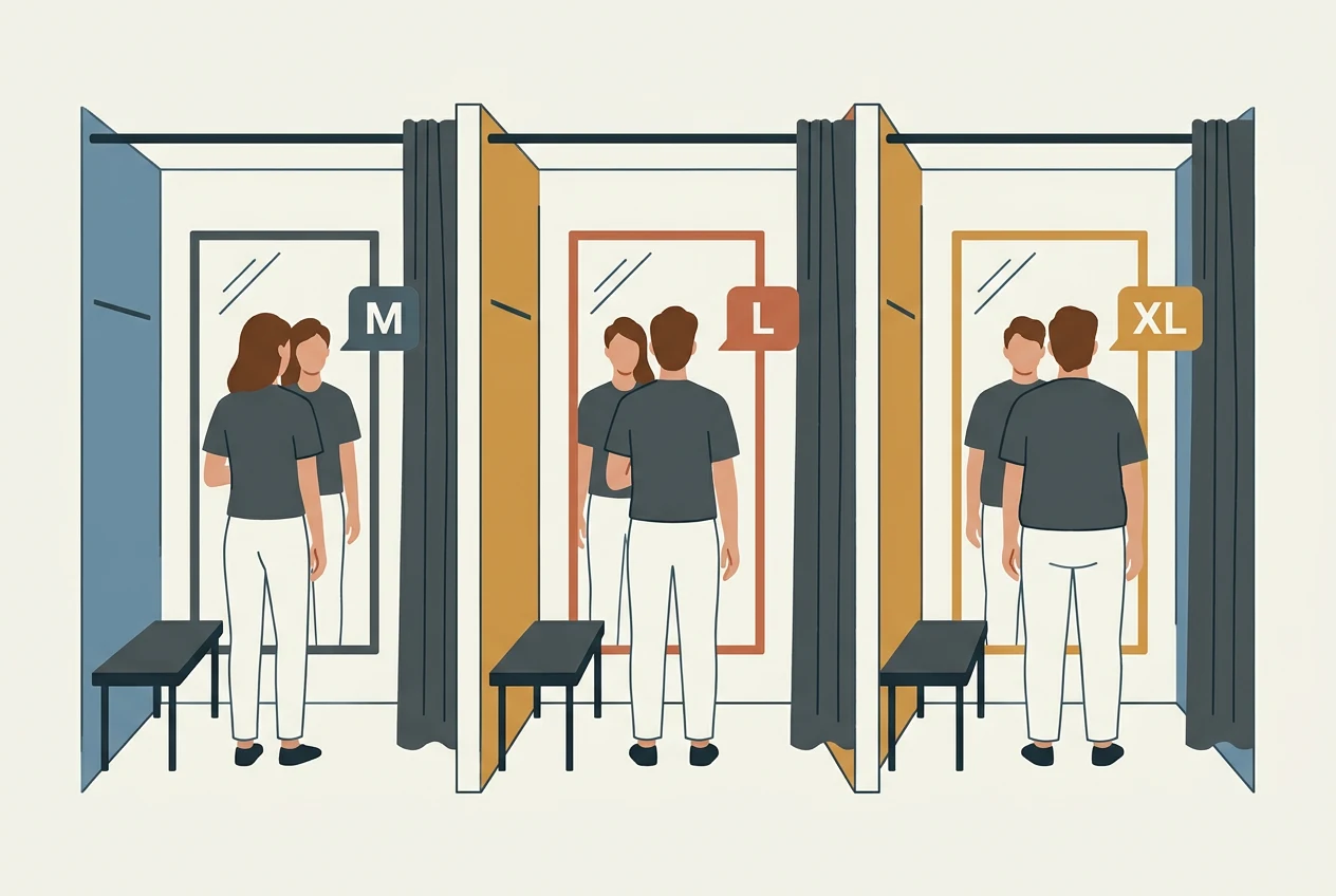 Illustration of one person in three different store fitting rooms, each showing a different size label: M, L, XL, for the same body.