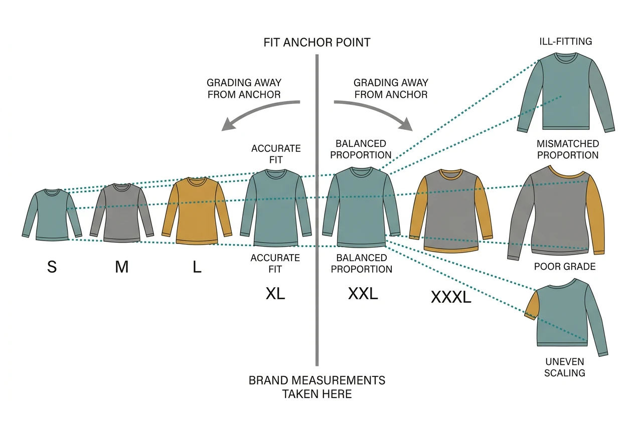 Diagram of a size run from Small to 6XL with an anchor point in the middle; garments furthest from the anchor, near 6XL, are shown poorly fitted.