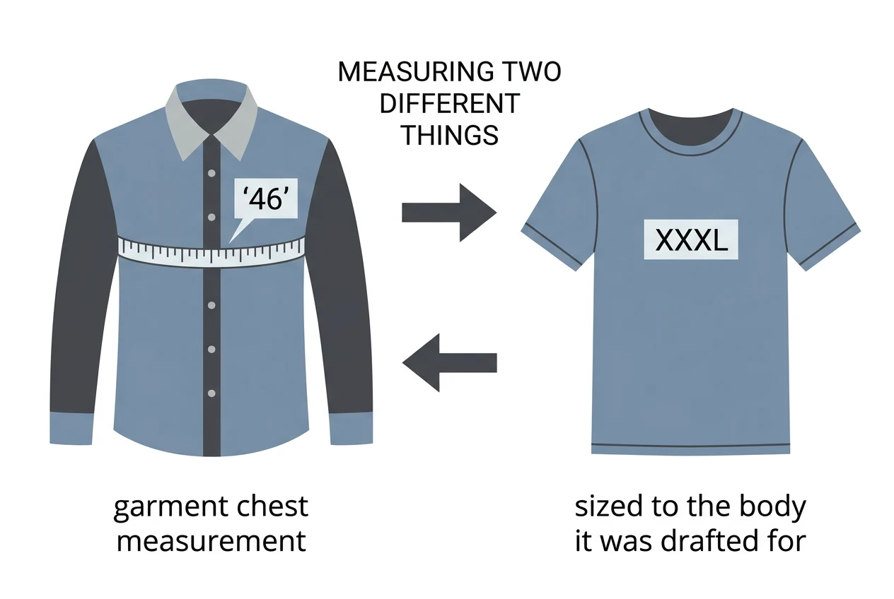 Diagram comparing a formal shirt labelled 46, measured by its own garment chest width, against a t-shirt labelled XXXL, sized to fit a body rather than measured as a garment.