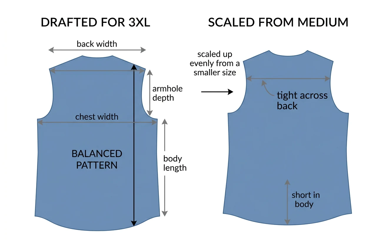 Diagram comparing a shirt pattern drafted from scratch for 3XL against one scaled up evenly from a Medium, showing the scaled version fits the chest but comes up short in back width and body length.