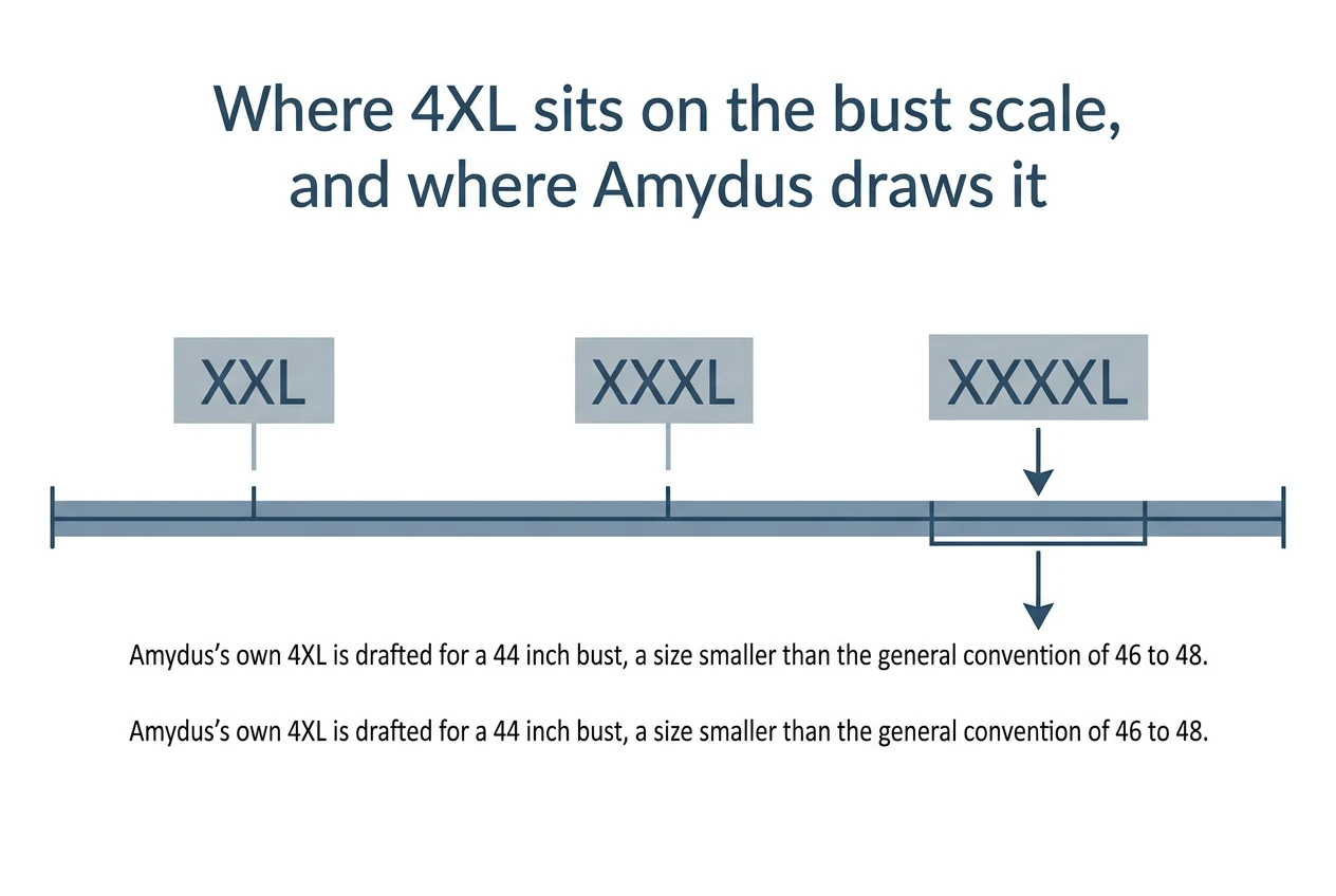 Diagram: Where 4XL sits on the bust scale, and where Amydus draws it. XXL, XXXL, XXXXL