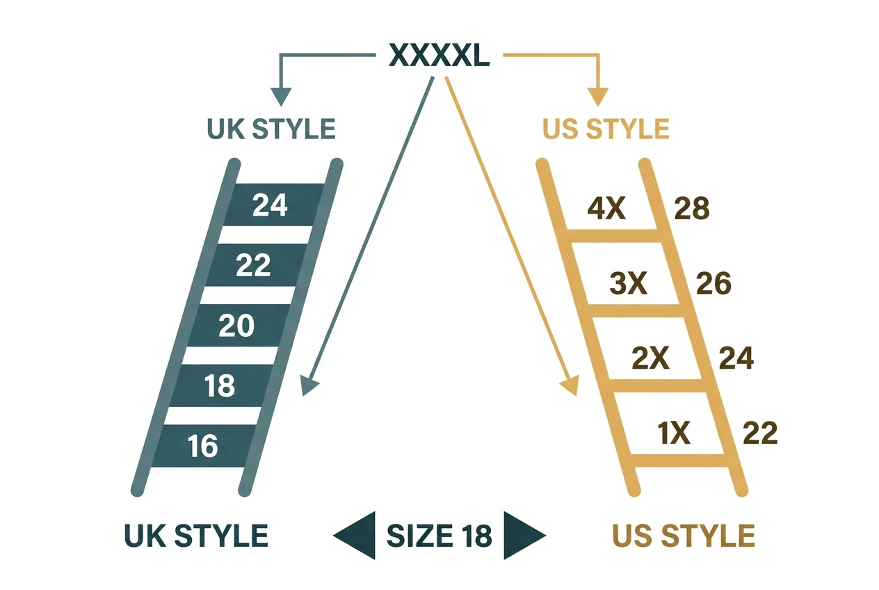 Diagram comparing a UK style size ladder running 16 to 24 against a US style 1X to 4X ladder running 22 to 28, both labelled XXXXL at the top but pointing to different numbers, with size 18 shown well below both.