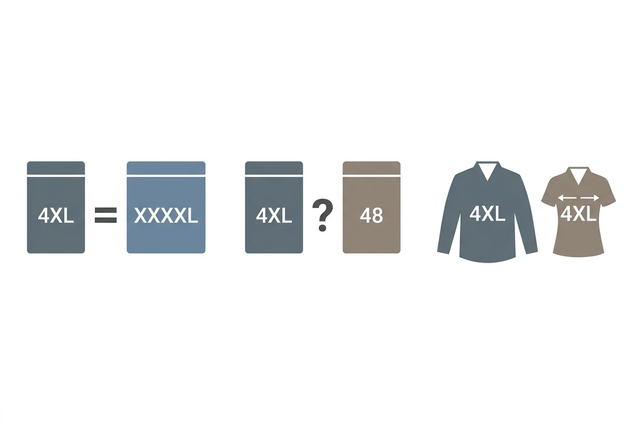 Diagram comparing three size-label pairs: 4XL equals XXXXL, 4XL is not the same as a numeric 48, and a men's 4XL shirt beside a narrower women's 4XL shirt.