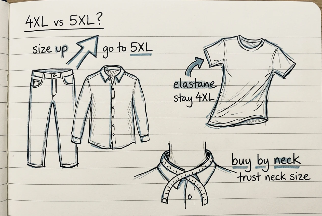Notebook sketch: woven jeans and shirts point to sizing up, a stretchy t-shirt points to staying at 4XL, and a shirt collar with a tape measure is labelled buy by neck.
