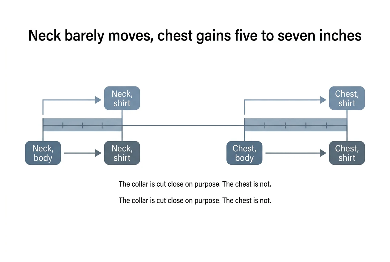 Diagram: Neck barely moves, chest gains five to seven inches. Neck, body, Neck, shirt, Chest, body, Chest, shirt
