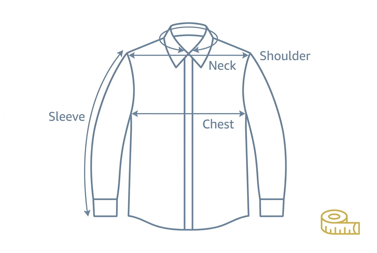 Diagram of a flat shirt showing where to measure neck, chest, shoulder, and sleeve length